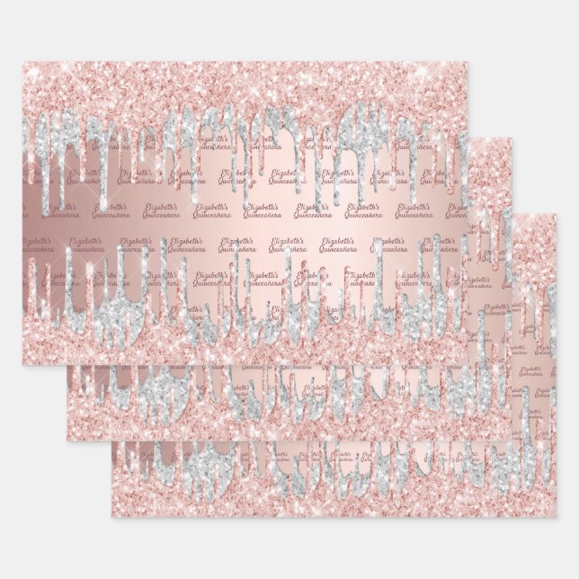 Quinceanera Rose Gold Glitzer Tropfen pink silber Geschenkpapier Set (Set)