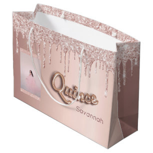 Quinceanera Rose Gold Glitzer Zoll Foto Rosa Große Geschenktüte