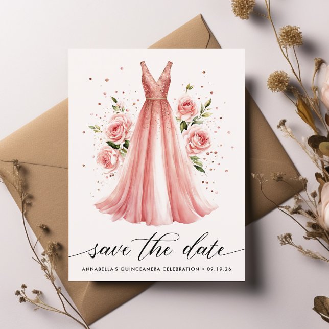 Quinceañera Rose Gold Kleid Save the Date Postkarte (Von Creator hochgeladen)