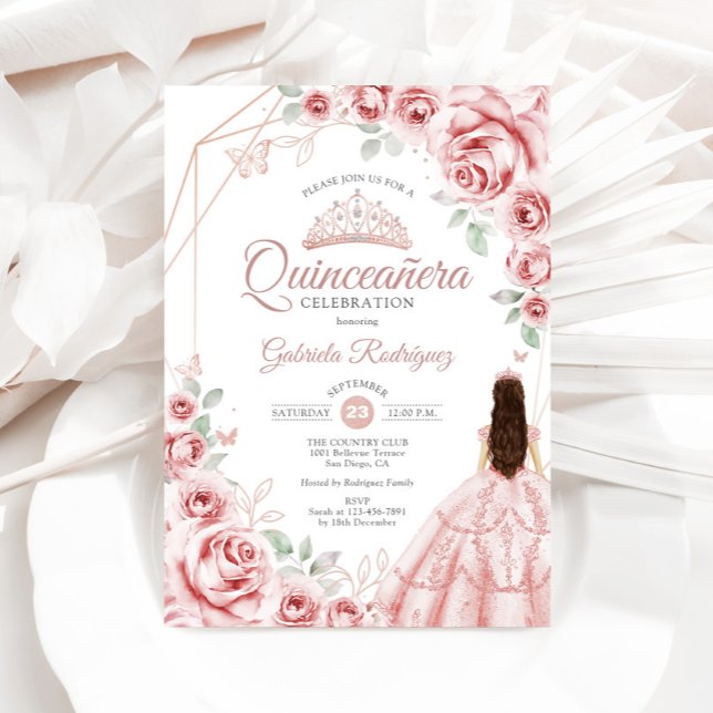 Quinceanera Rose Gold Rosa Blumenkleid Einladung (Von Creator hochgeladen)