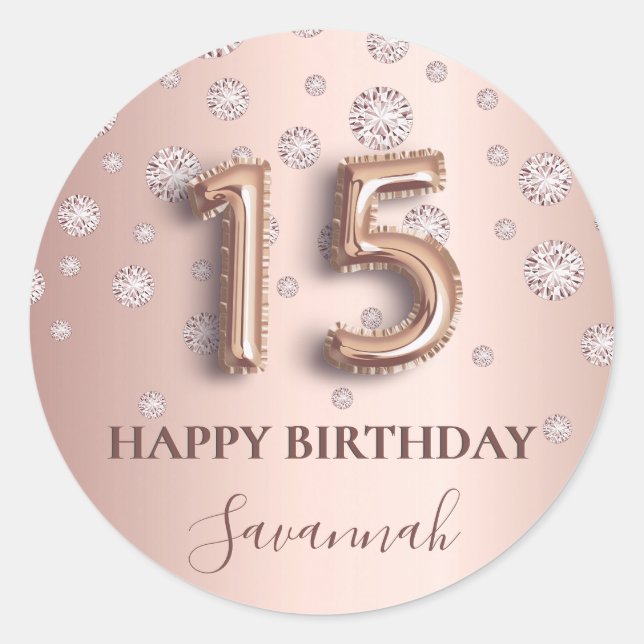 Quinceanera Rose Gold rosa Diamanten Ballon Schrif Runder Aufkleber (Vorderseite)