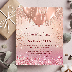 Quinceanera Rose Gold Rosa Glitzer Ballons Glattle Einladungspostkarte
