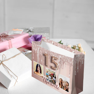 Quinceanera Rose Gold Rosa Glitzer Foto Monogramm Große Geschenktüte