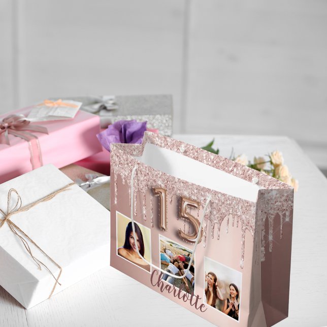 Quinceanera Rose Gold Rosa Glitzer Foto Monogramm Große Geschenktüte (Von Creator hochgeladen)