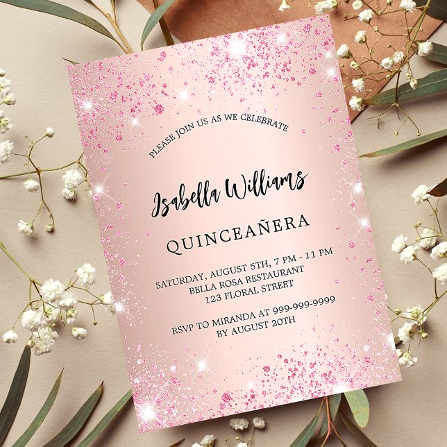 Quinceanera Rose Gold rosa Glitzern Einladungspostkarte (Von Creator hochgeladen)