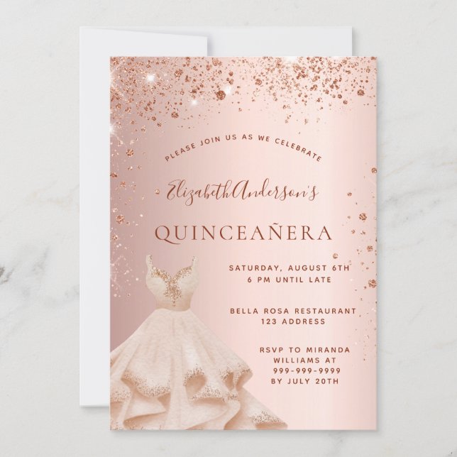 Quinceanera Rose Gold rosa Glitzern Kleid Einladung (Vorderseite)