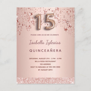 Quinceanera Rose Gold Rosa Sterne Ballon-Drehbuch Postkarte
