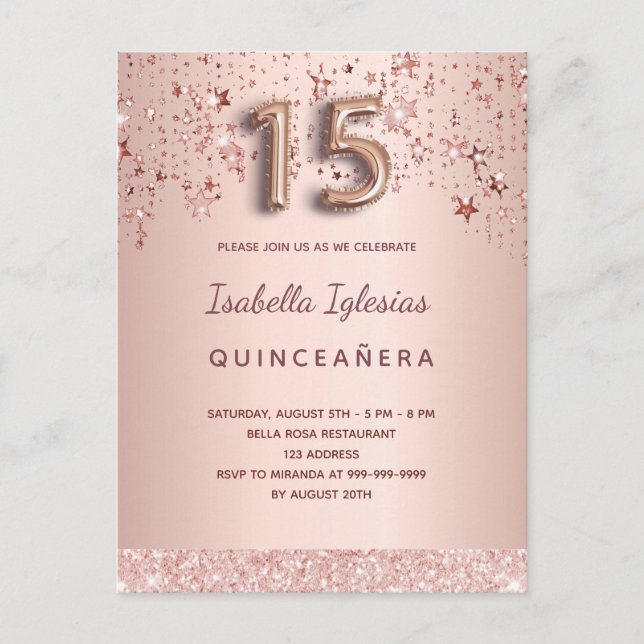 Quinceanera Rose Gold Rosa Sterne Ballon-Drehbuch Postkarte (Vorderseite)