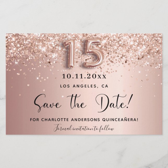 Quinceanera Rose Gold Save the Date Karte (Vorderseite)