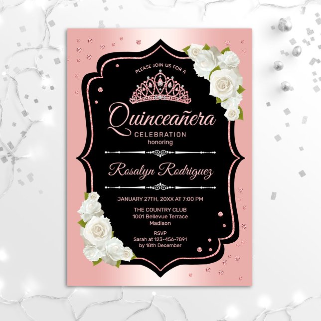 Quinceanera - Rose Gold Schwarz-weiß Einladung (Von Creator hochgeladen)