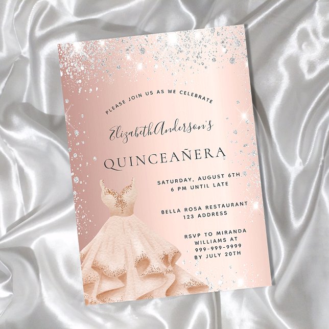 Quinceanera Rose Gold silber Glitzer Staub Kleid Einladungspostkarte (Von Creator hochgeladen)