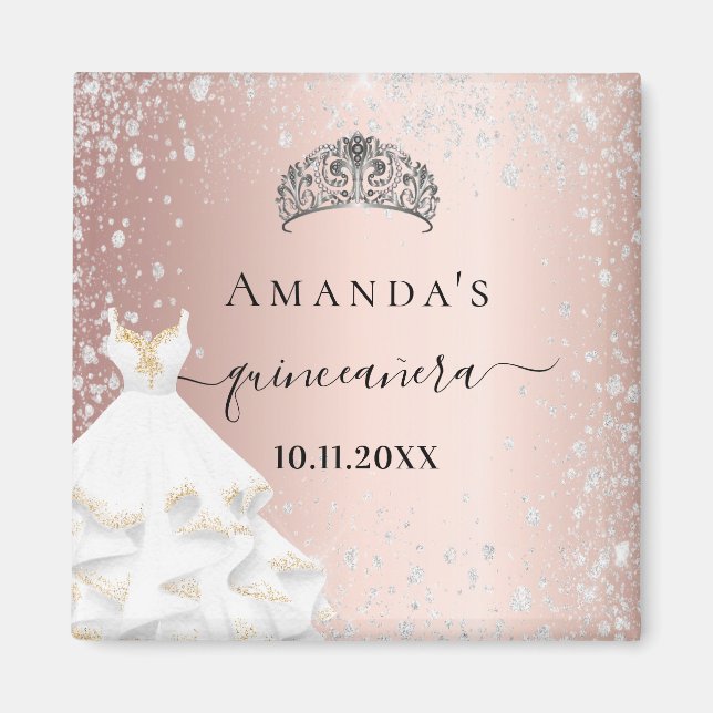 Quinceanera Rose Gold Tiara Kleid Silber Glitzer Magnet (Vorne)