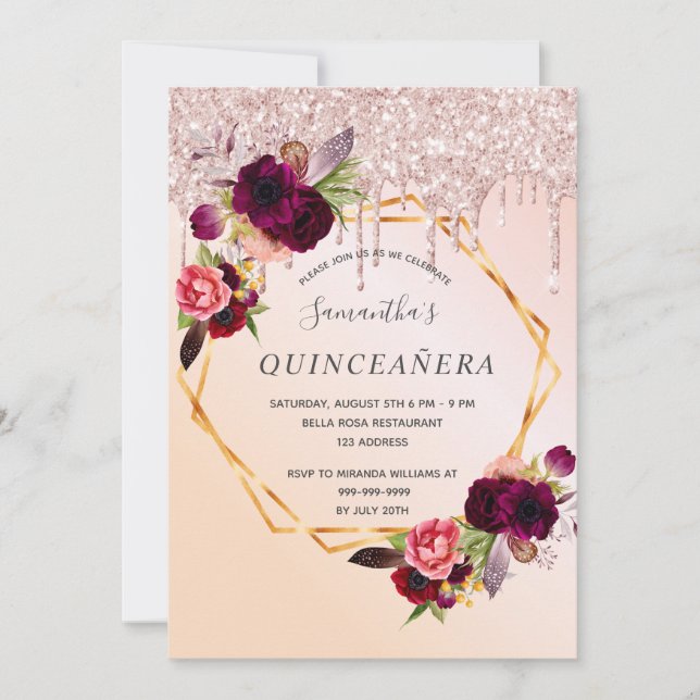 Quinceanera Rose Gold Tropfen Blumenburgund Einladung (Vorderseite)