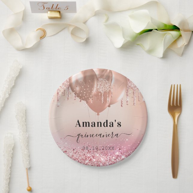 Quinceanera Rose Goldballons Pappteller (Hochzeit)