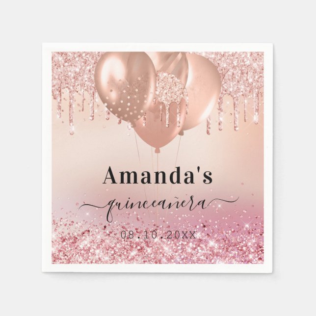 Quinceanera Rose Goldbarren Glitzer Name Serviette (Vorderseite)