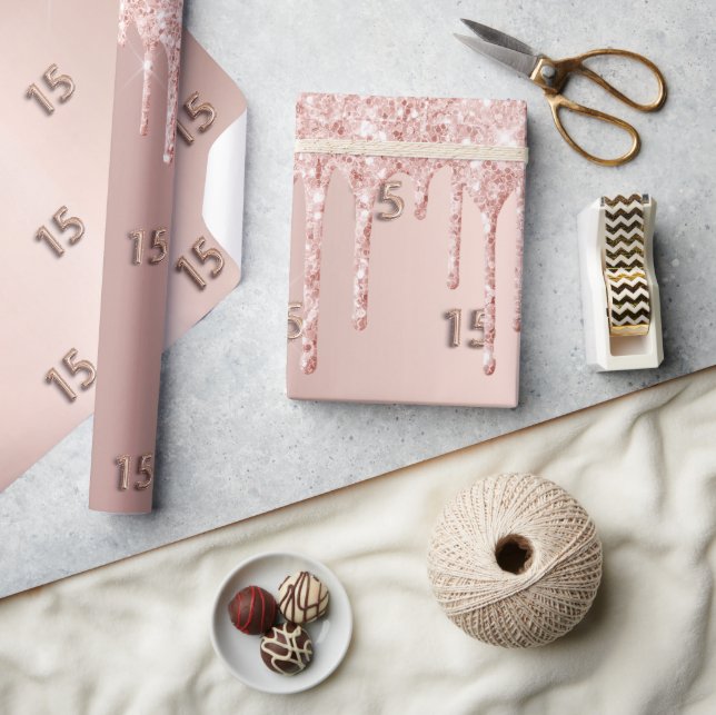 Quinceanera Rose Goldbarren Glitzer Tropfen Geschenkpapier (Kunsthandwerk)