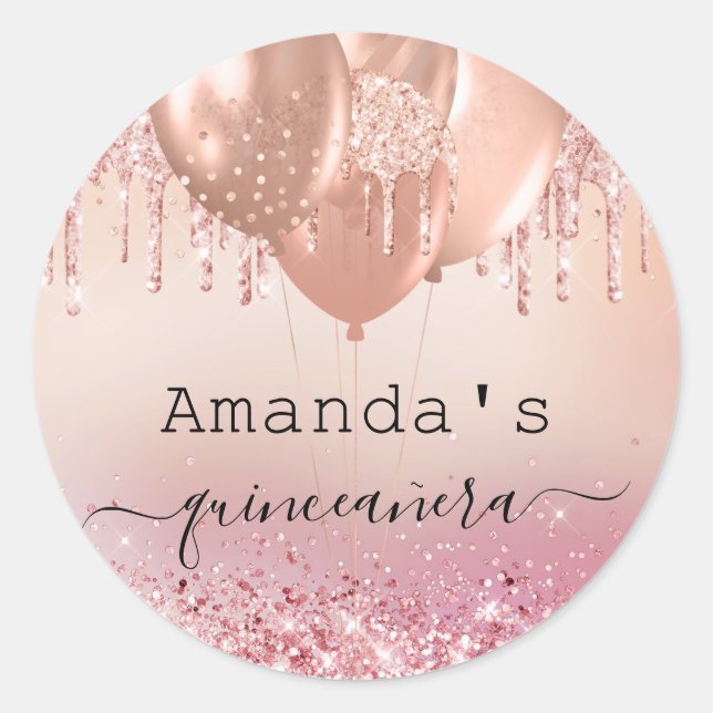 Quinceanera Rose Goldbarren Rosa Ballons Name Runder Aufkleber (Vorderseite)