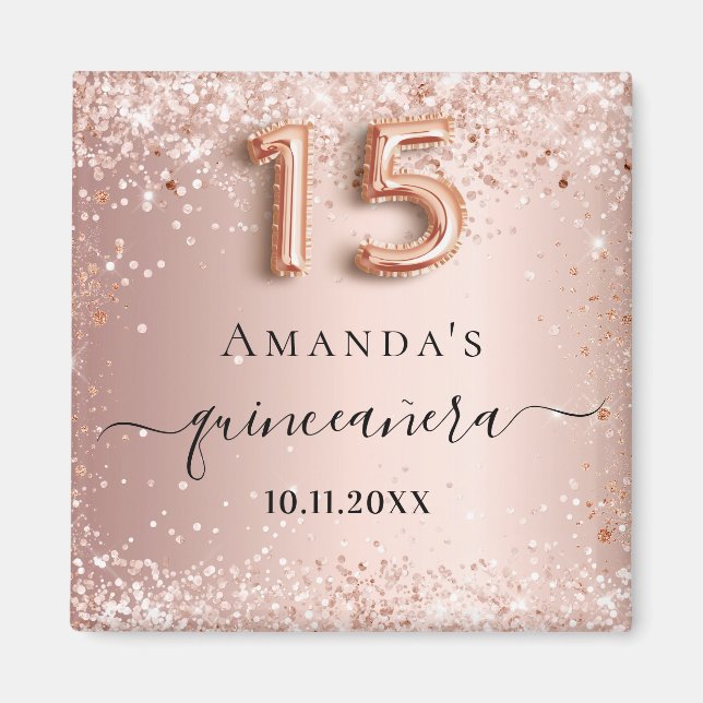 Quinceanera Rose Goldblume Glitzer Staubname Magnet (Vorne)