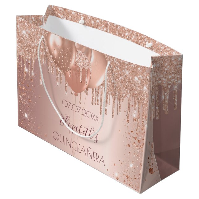 Quinceanera Rose Goldblüte Glitzer Ballons Große Geschenktüte (Rückseite Schrägansicht)