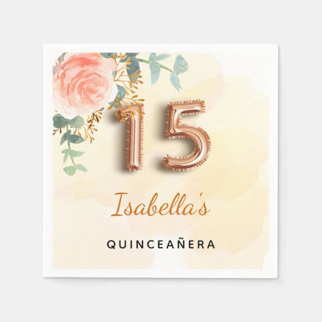 Quinceanera Rose Goldblütenname Serviette (Vorderseite)