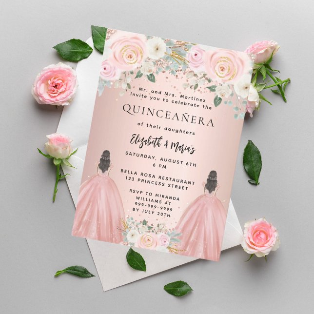 Quinceanera Rose Goldkleid Blumen 2 Mädchen Luxus Einladung (Von Creator hochgeladen)