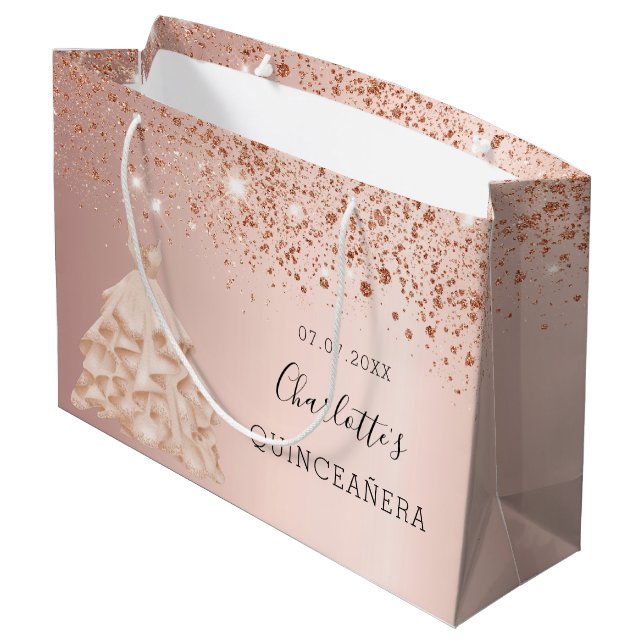 Quinceanera Rose Goldkleid Große Geschenktüte (Rückseite Schrägansicht)