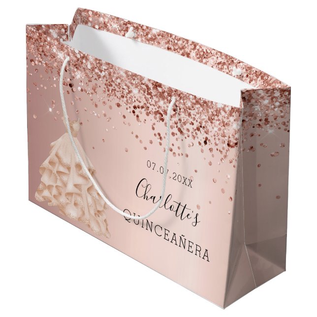 Quinceanera Rose Goldkleid Große Geschenktüte (Rückseite Schrägansicht)