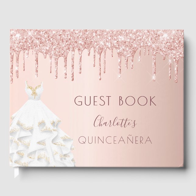 Quinceanera Rose Goldrot Glitzer Tropfen Kleid Gästebuch (Vorderseite)