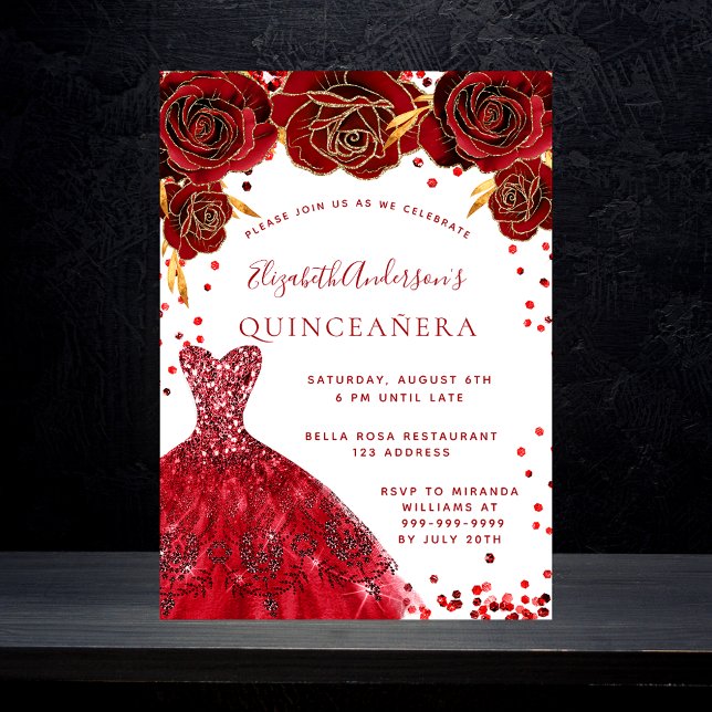 Quinceanera Rose in Rot-Weiß glamourös Einladungspostkarte (Von Creator hochgeladen)