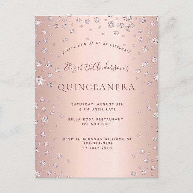 Quinceanera rose or diamants invitation (Devant)