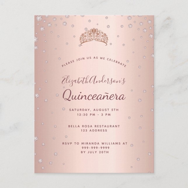 Quinceanera rose or diamants invitation (Devant)