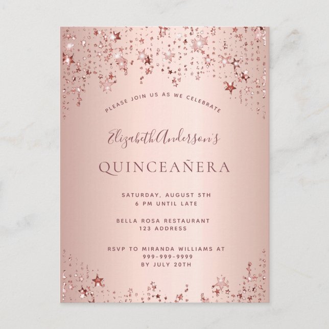 Quinceanera rose or étoiles étincelante invitation (Devant)