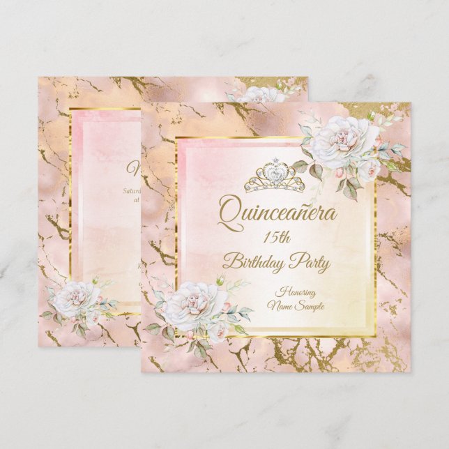 Quinceanera Rose Or rose Anniversaire Invitation d (Devant / Derrière)