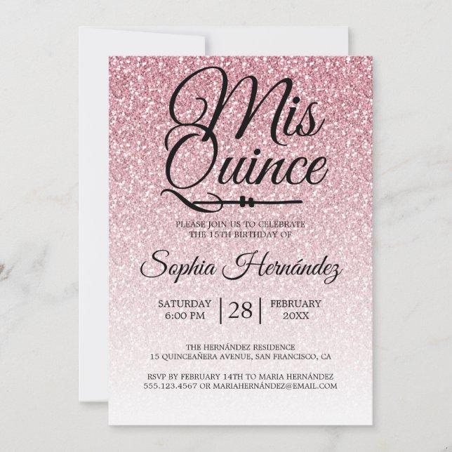 Quinceañera Rose Rosa Glitzer 15. Geburtstag Einladung (Vorderseite)