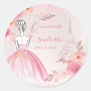 Quinceanera Rosé Rosa Goldener Eiffelturm Runder Aufkleber