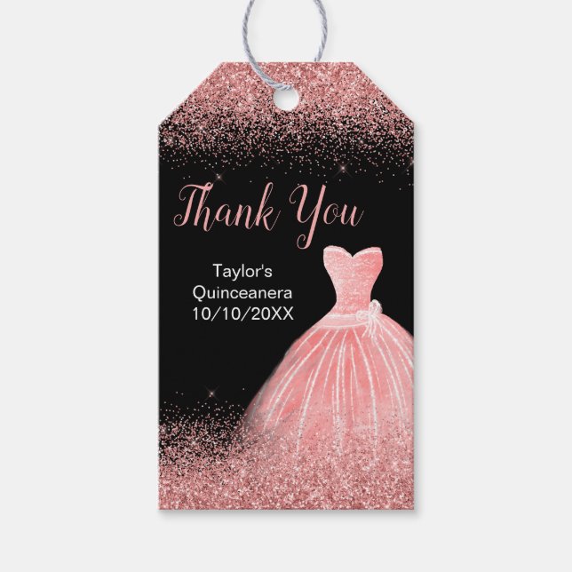 Quinceanera Rose Rosa Kleid Imitate Glitzer Geschenkanhänger (Vorderseite)