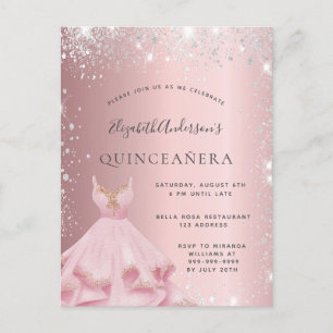 Quinceanera-Roséglanz-Silber-Glitterstaub-Kleid Einladungspostkarte