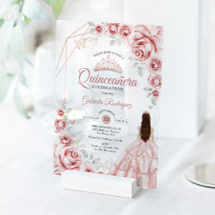 Quinceanera-Roségold-Rosa-Kleid-Blumen Acryleinladungen