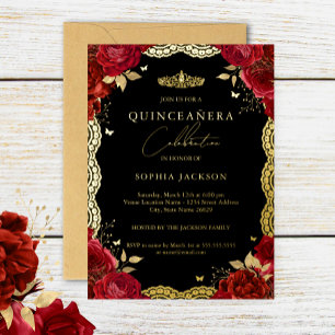 Quinceanera-Rot-Roségold-Spitze-Birthday Folieneinladung