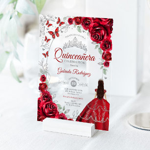 Quinceanera Rot Silber Blumen Acryleinladungen