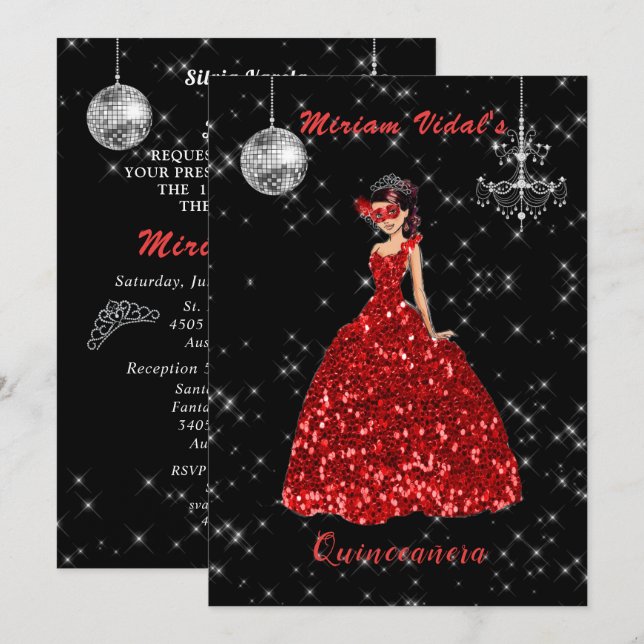 Quinceanera Rot und Silver Masquerade Einladung (Vorne/Hinten)
