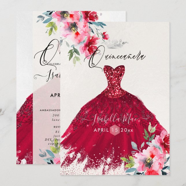 Quinceanera Rotbarsch Wasserfarbene Blume Einladung (Vorne/Hinten)