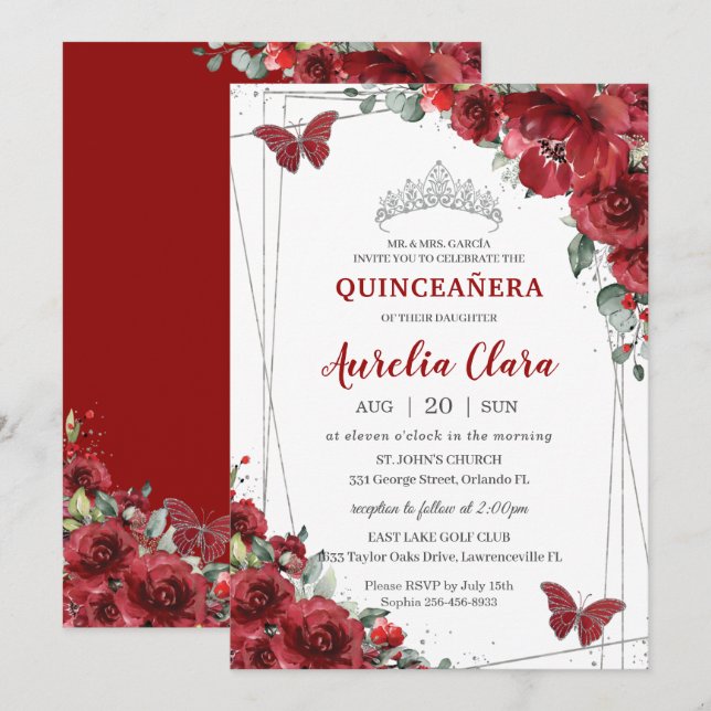 Quinceañera Rote Blume Blütensilber-Schmetterling Einladung (Vorne/Hinten)