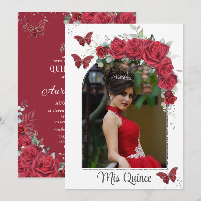 Quinceañera Rote Flora Rose Schmetterlinge Foto Einladung (Vorne/Hinten)