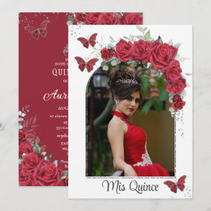 Quinceañera Rote Flora Rose Schmetterlinge Foto Einladung