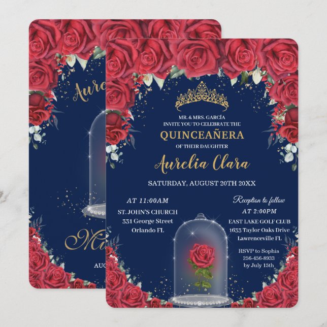 Quinceañera Rote Flora Verzauberte Rose Navy Blue Einladung (Vorne/Hinten)