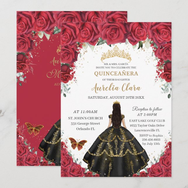 Quinceañera Rote Rosen Blume Schwarzes Kleid Gold Einladung (Vorne/Hinten)