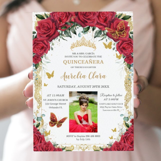 Quinceañera Rote Rosen Blumenbilder Vintag Einladung (Von Creator hochgeladen)