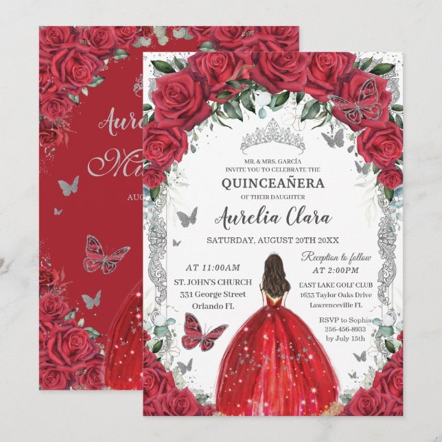 Quinceañera Rote Rosen Blumendruckkleid Silver Einladung (Vorne/Hinten)