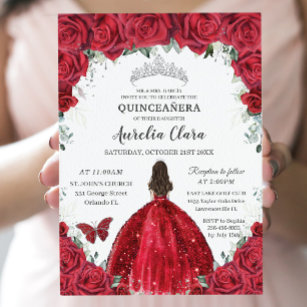 Quinceañera Rote Rosen Blumenprinzessin Gown Silve Einladung